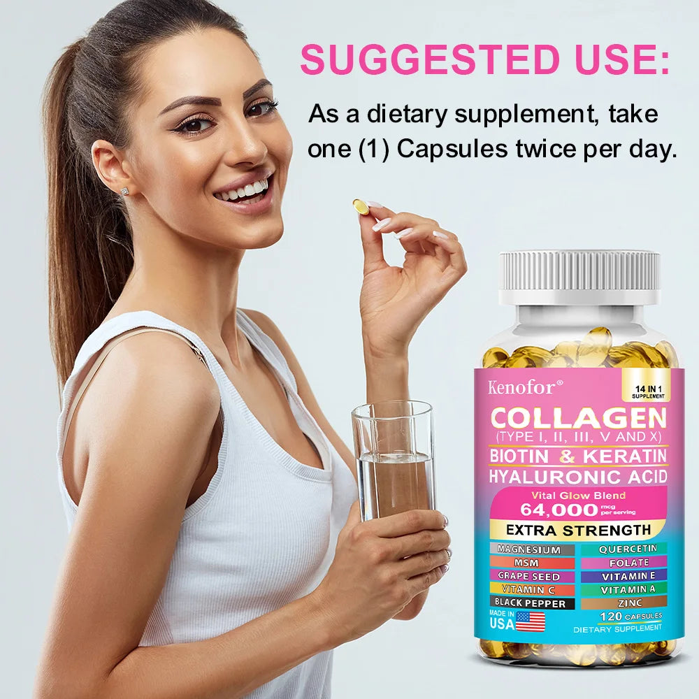 Kenofor 14-in-1 Collagen Capsules – Biotin, Keratin, Hyaluronic Acid, Vitamins A/C/E | Anti-Aging Skin, Hair & Nails Supplement | 30/60/120 Count