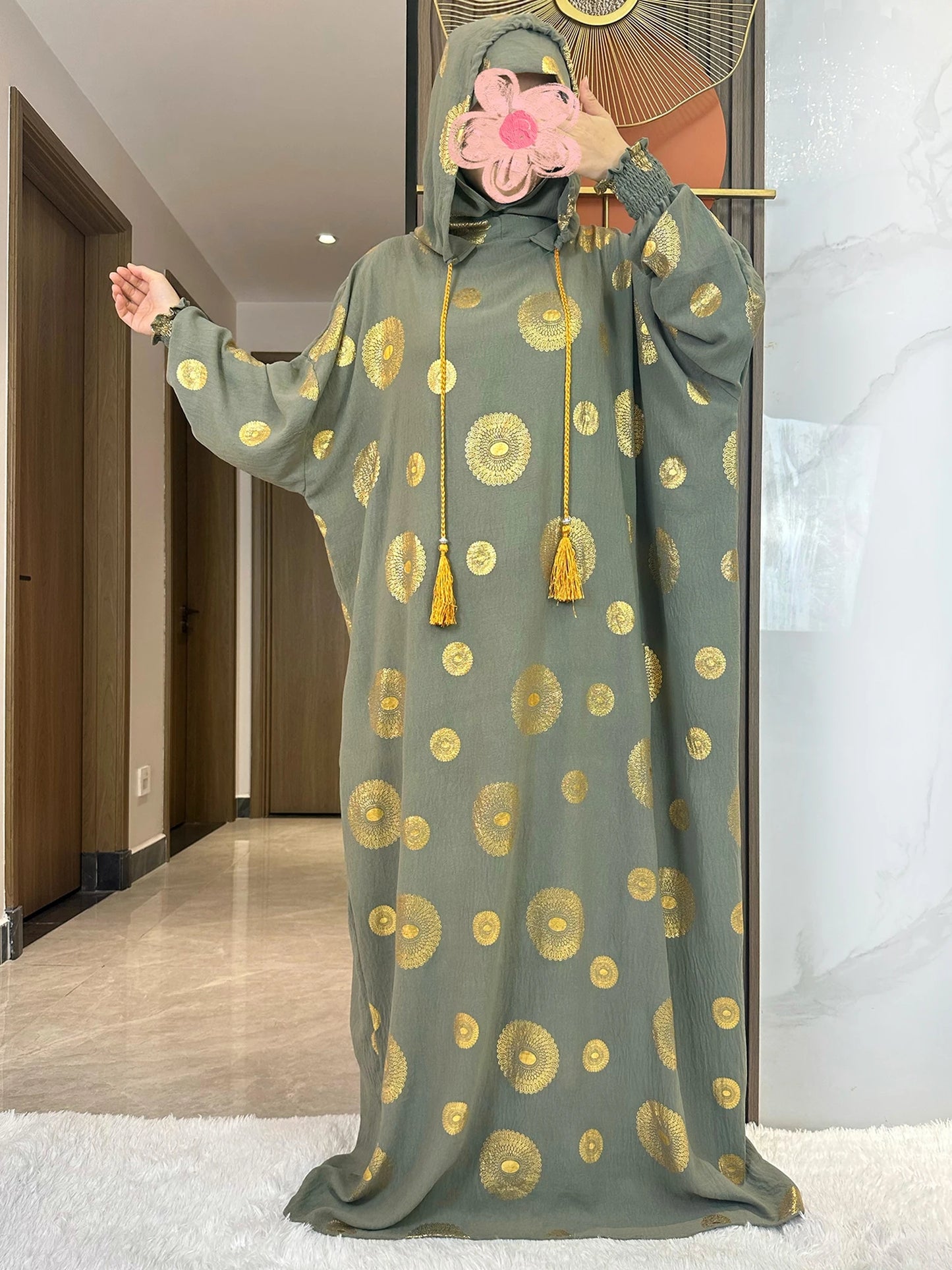 Women's Cotton Embroidered Abaya Kaftan – Gold Dust Shimmer, Loose Fit, All-Season Muslim Dress