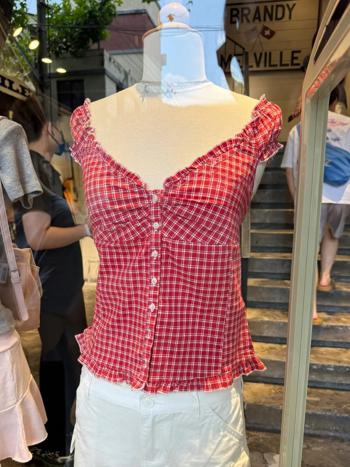Blue Plaid Fungus T-shirt Women V Neck Single Breasted Puff Sleeve Slim Folds Tee Shirts Summer New Sweet Chic Casual Crop Tops
