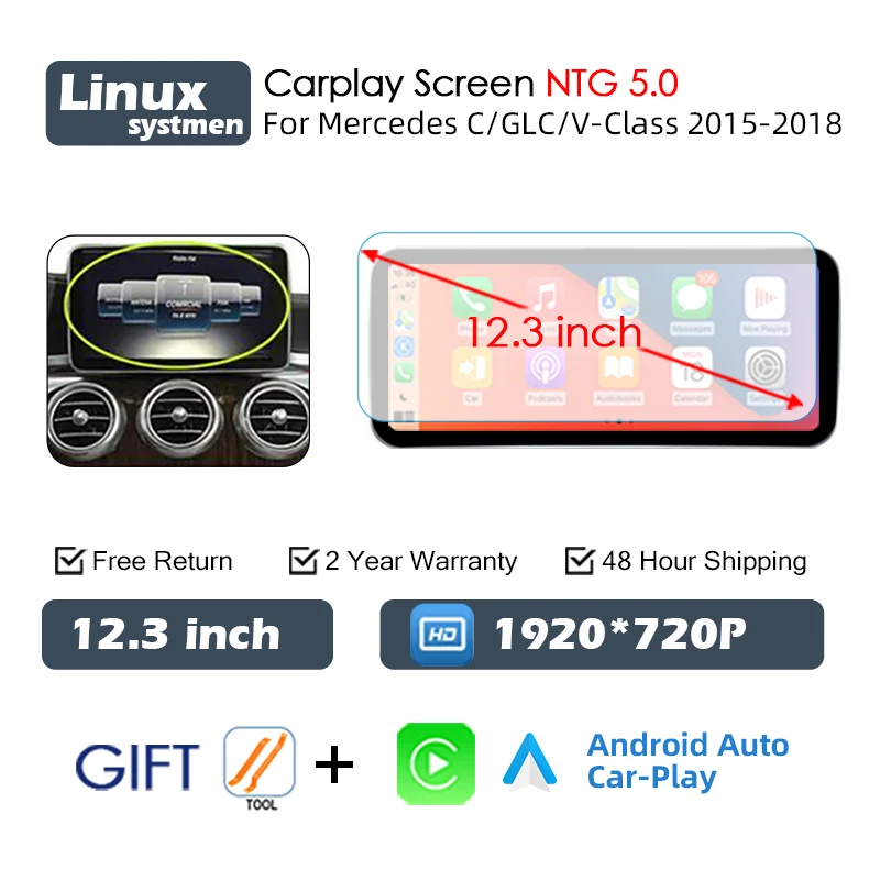 Wireless Carplay Screen For Mercedes C Class W205 GLC X253 C180 C200 300 350 2015-2018 Car Multimedia Player Android Auto Radio