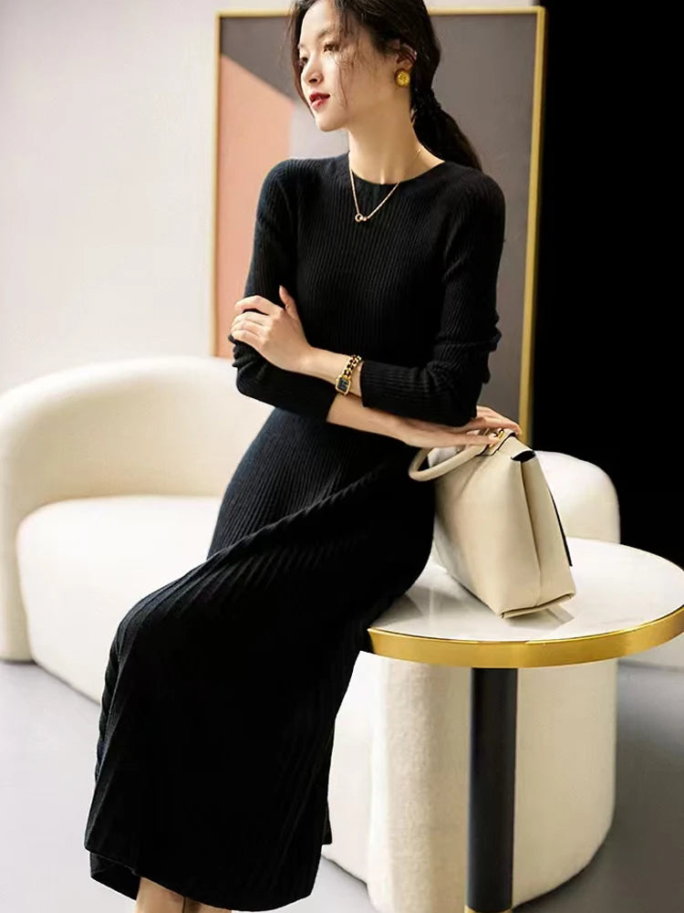 Women Sweater 100% Merino Wool Dress A-Line Pleated Skirts Spring Autumn Pullover Cashmere Thin Slim Flare Dress O-neck Knitwear