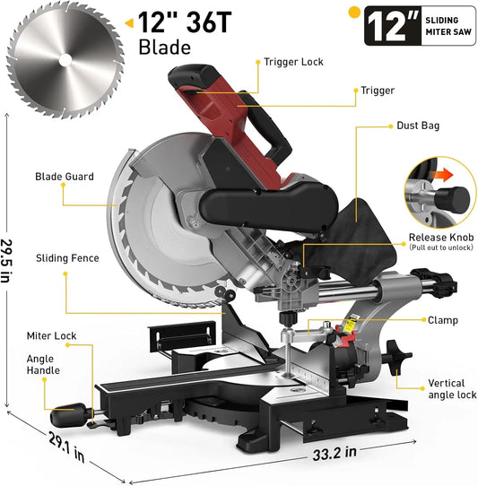 10/12 Inch Sliding Compound Miter Saw – 15 Amp, 5000RPM, 0-45° Dual-Bevel Precision Cutting Power Saw