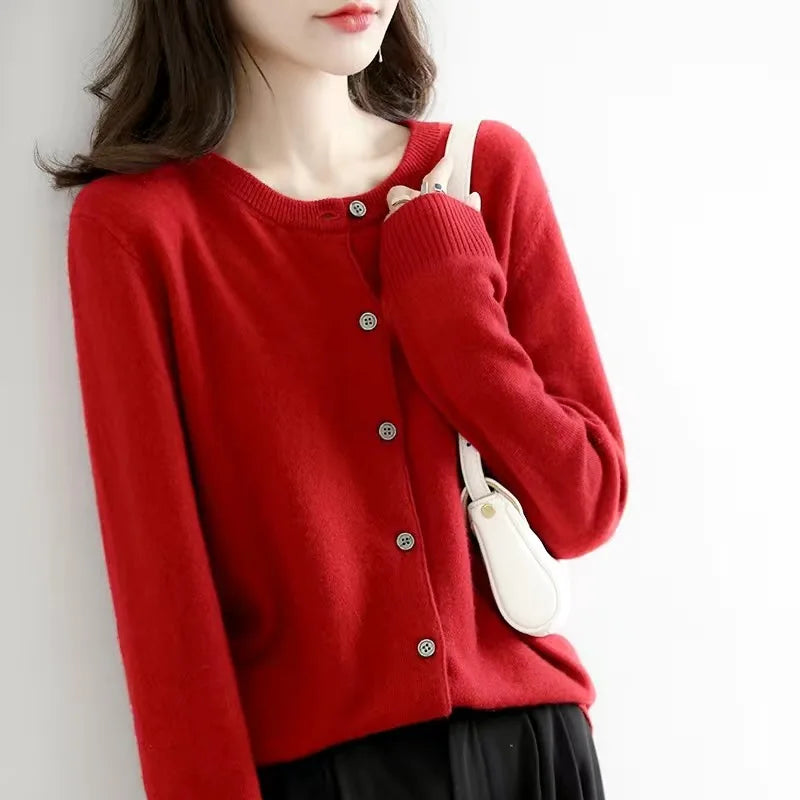 Women's Button-Up Knit Cardigan - Crew Neck Solid Sweater - photo 8