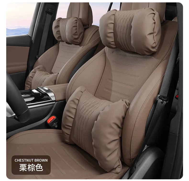 Nappa Leather Car Headrest & Lumbar Support Cushion – Soft Neck Pillow & Waist Pillow Set
