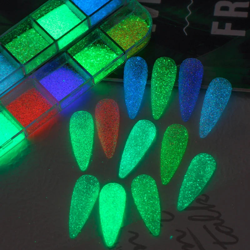 12 Grids Glowing in The Dark Glitter Shiny Holographic Sugar Nail Powder Luminous Effect Nail Art Chrome Pigment Flakes Dust