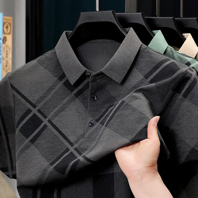 Men's Plaid Polo - Soft Elastic Woven, Retro Oversized Grid