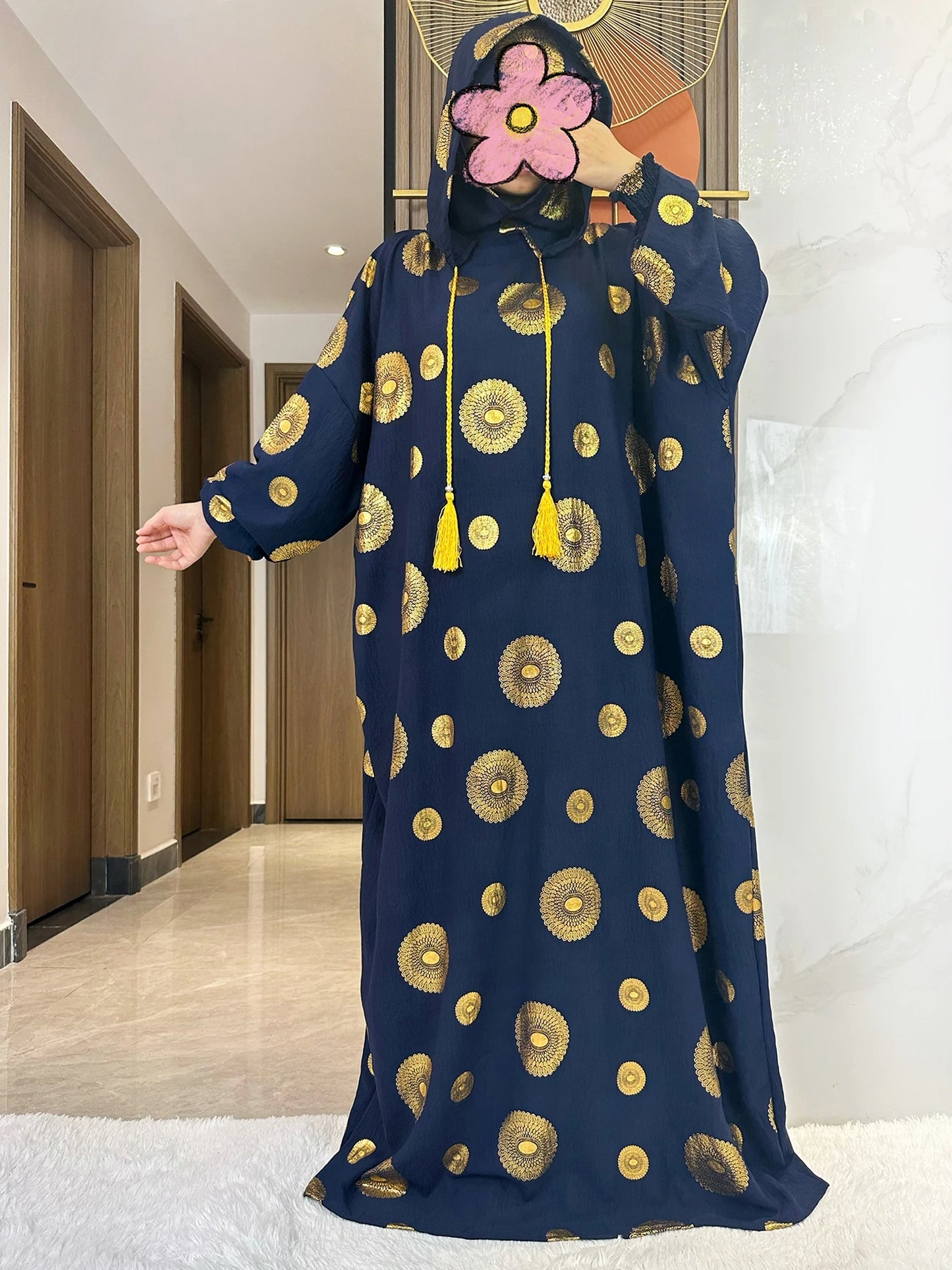 Women's Cotton Embroidered Abaya Kaftan – Gold Dust Shimmer, Loose Fit, All-Season Muslim Dress