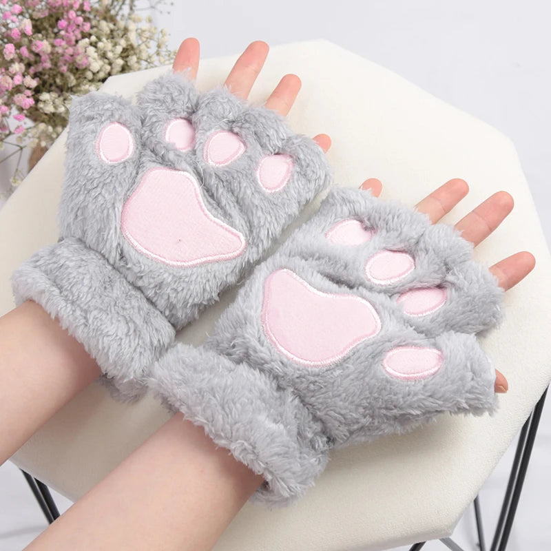 Women's Cat Paw Fingerless Gloves, Plush
