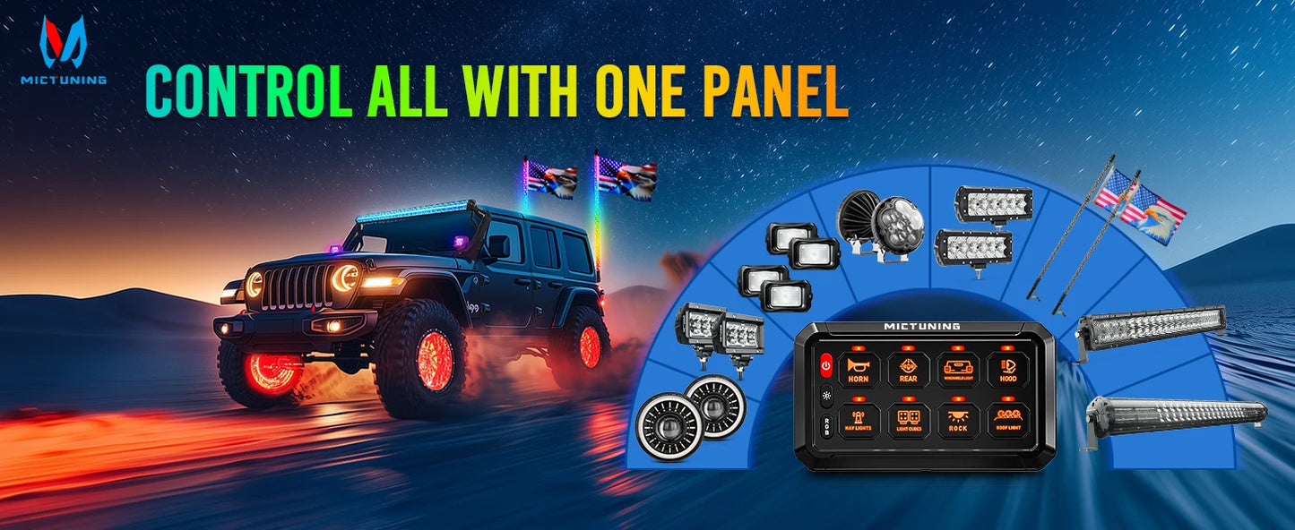 MICTUNING P1S-R 6/8 Gang Switch Panel RGB Colors Adjustable Brightness Switch Momentary Circuit Control Relay System Box For SUV