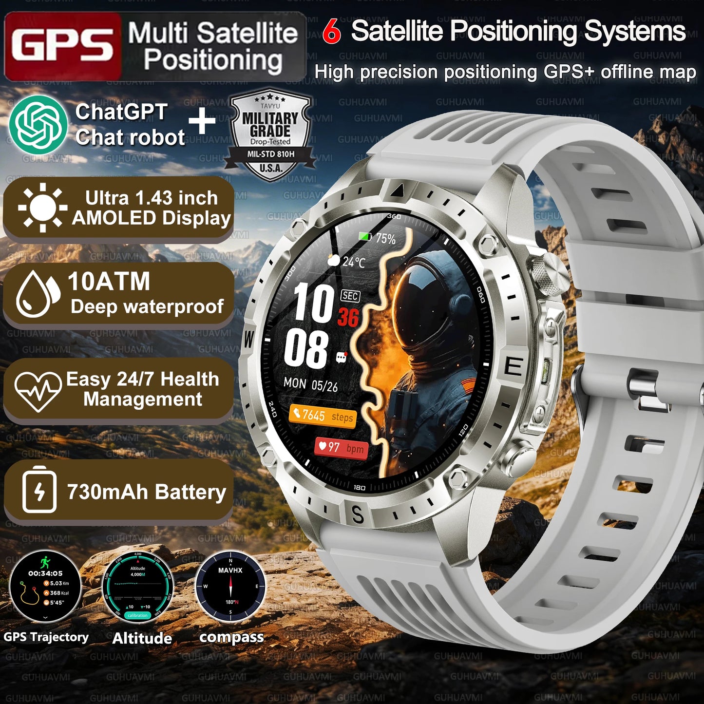 Military-Style GPS Smart Watch — Offline Maps, 10ATM, 2GB RAM
