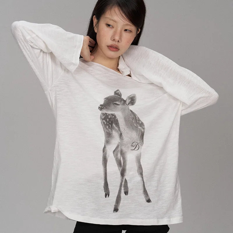 Kimotimo Summer Print Off Shoulder Long Sleeve T-shirt Women 2026 New Casual Transparent Loose Lazy Top Kpop Fashion Y2k Tees