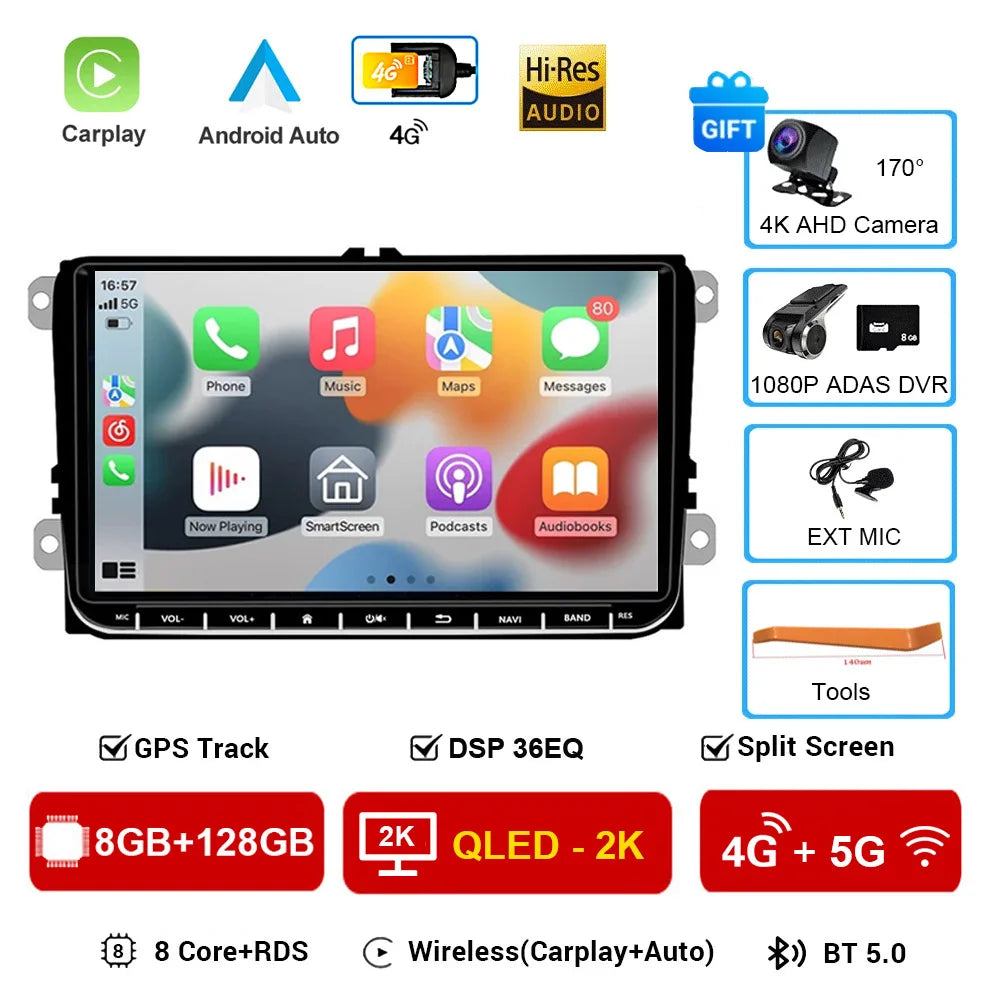 2 Din Android 16 Car Radio 9'' GPS With Carplay For VW/Volkswagen Passat Golf MK5 MK6 Jetta EOS POLO Touran Seat Sharan