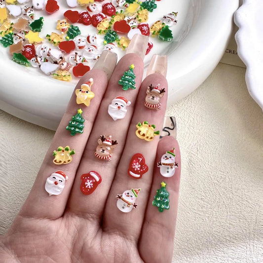 10 Pcs Christmas Cartoon Resin Nail Charms - Santa, Elk, Bell & Tree
