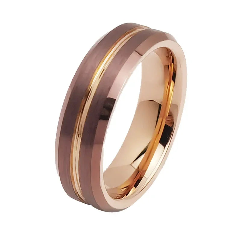 Tungsten Wedding Band — 6mm/8mm Rose Gold Tone Grooved Ring