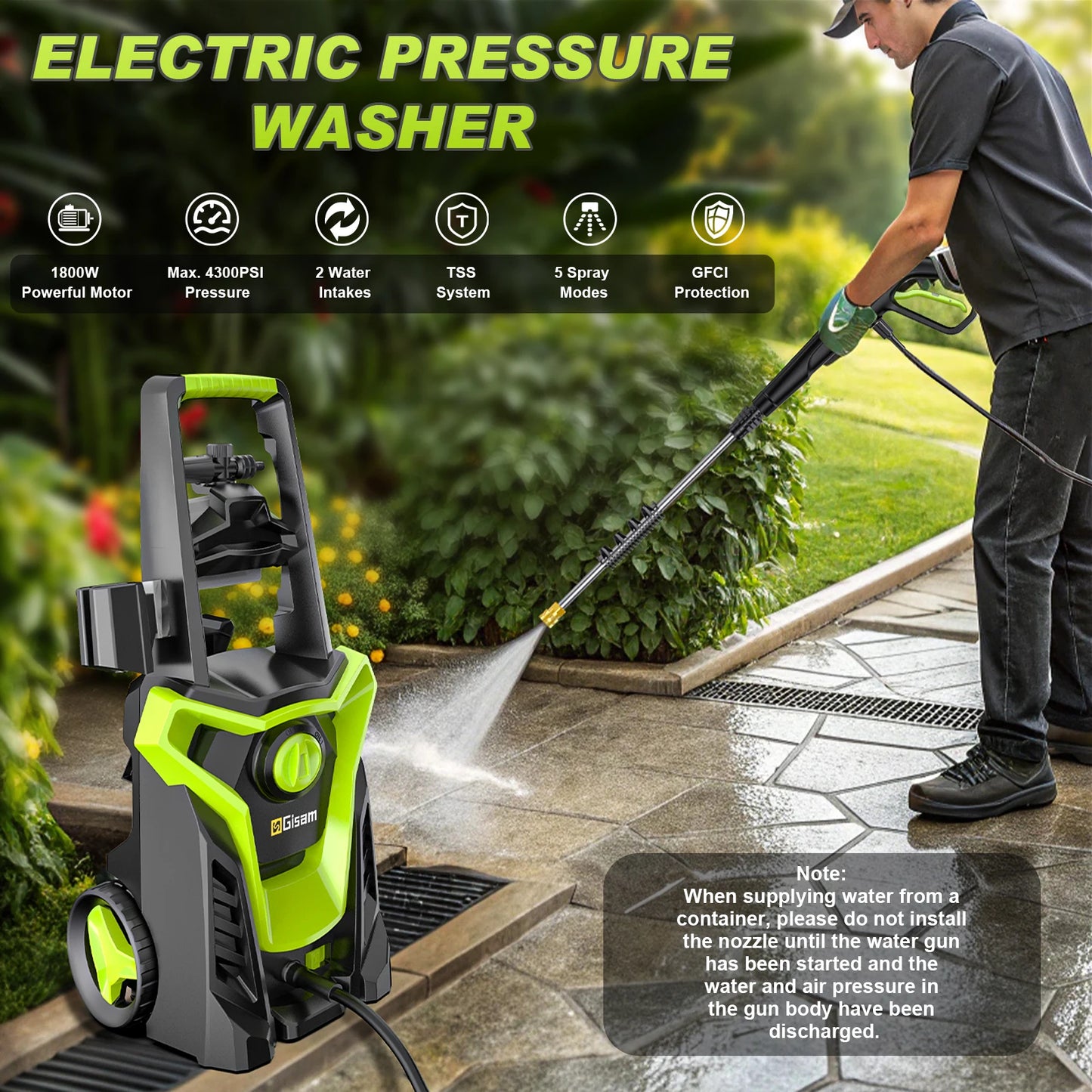 Gisam 1800W Electric High-Pressure Washer — Car & Garden Spray Gun, 4800PSI