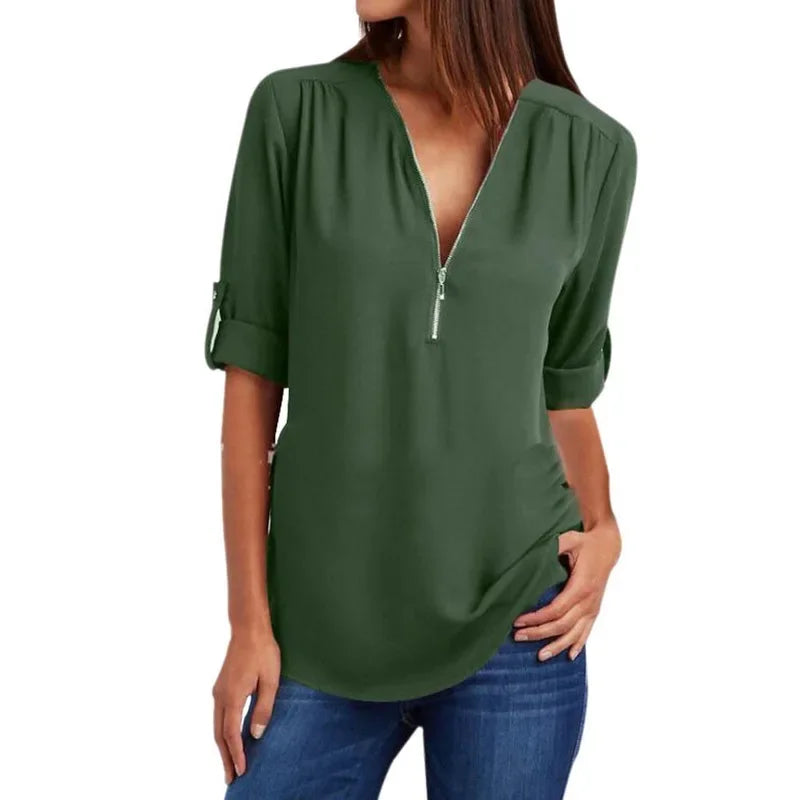 Customizable Women Blouse Zipped Rolled Sleeve Blouse Tailor-made T-Shirts CS6611