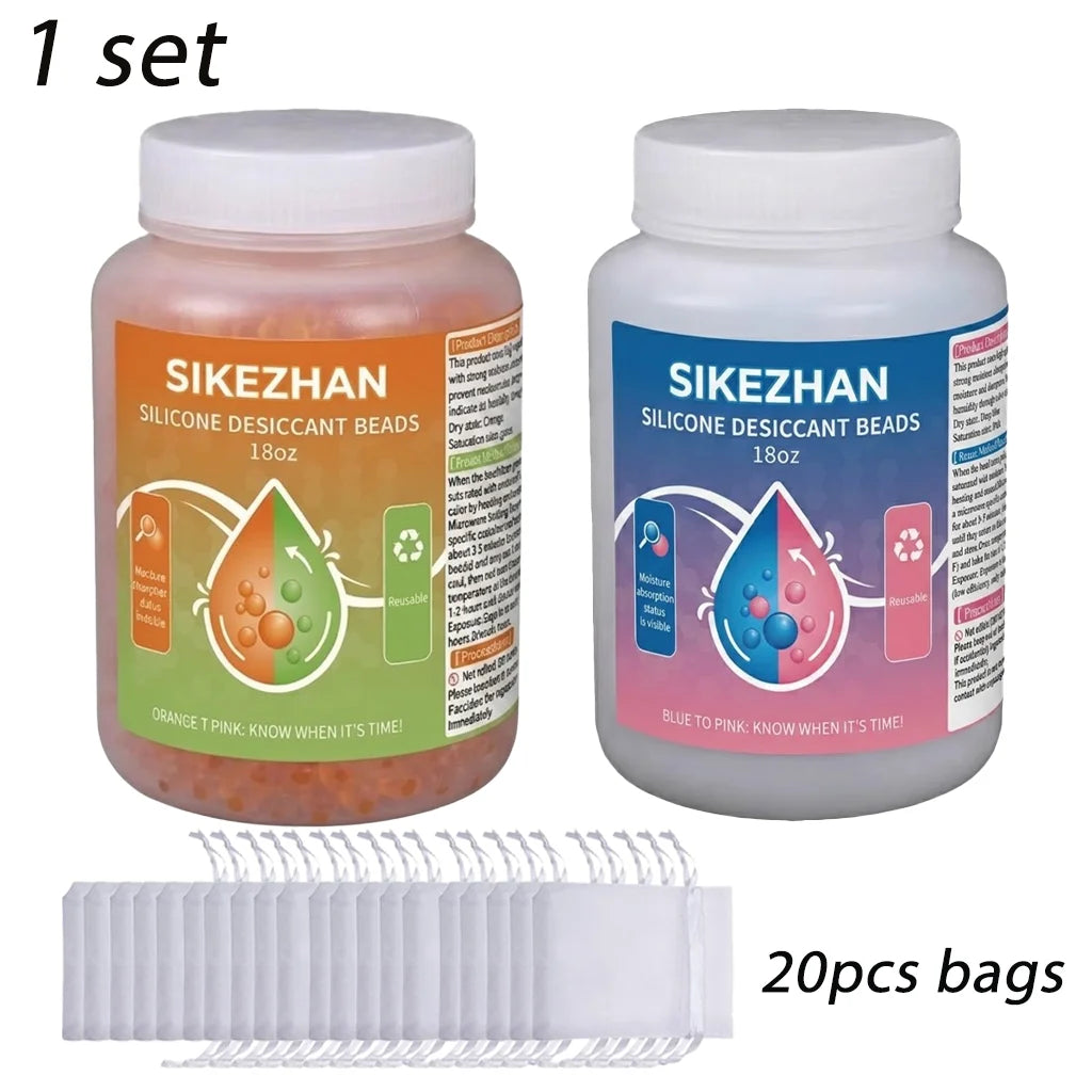 SIKEZHAN 18oz Reusable Silica Gel Desiccant Beads Indicating Moisture Absorber Rechargeable Dehumidifier for Camping Dry Storage