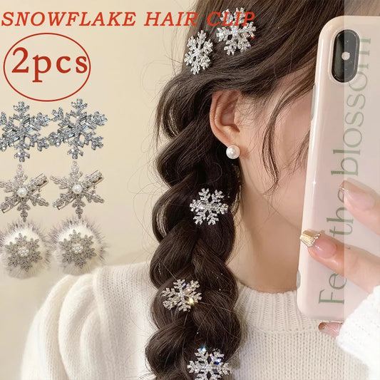 Elegant Winter Snowflake Hairpins with Plush - Holiday Barrettes