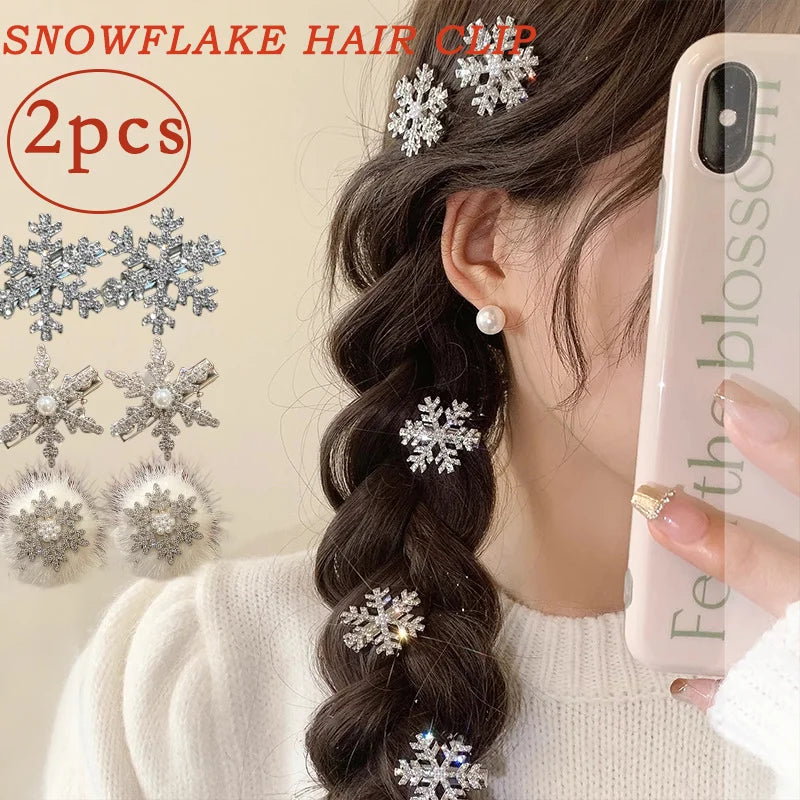 2PCs New Winter Hair Accessories Shiny Rhinestones Pearls Snowflake Hairpin Elegant Lovely Christmas Hair Clips for Women
