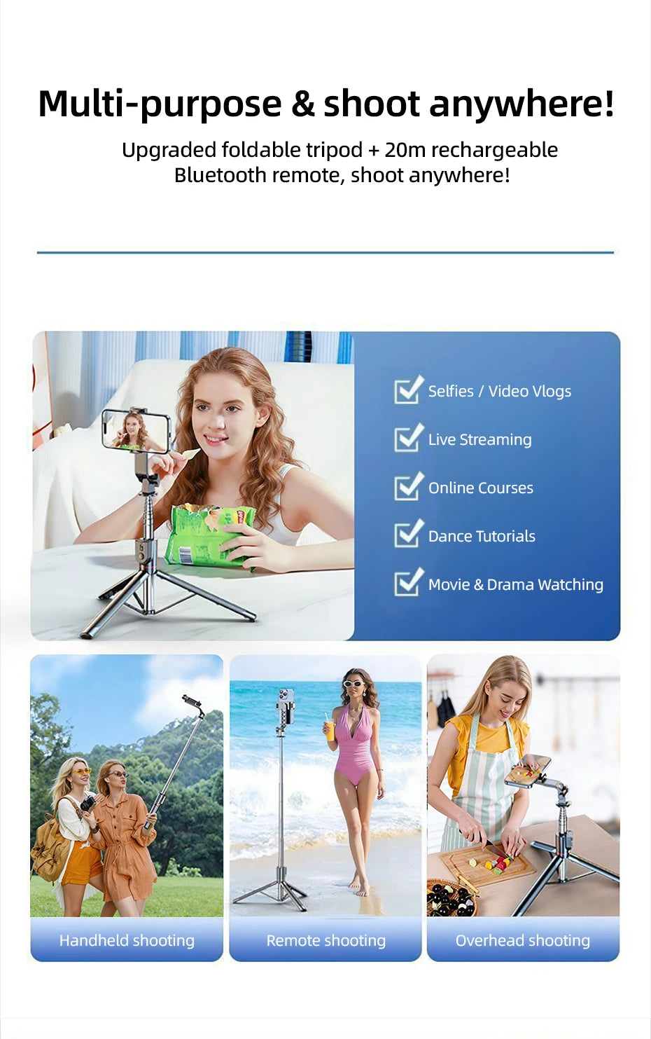 Retractable Selfie Stick 70-Inch And Tripod  Dual Handheld And Freestanding Design Wireless Remote Shutter 360 Degree Rotation And Multi-Angle Adjustment Stable