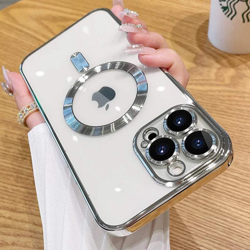 Magnetic Plating Phone Case Compatible with iPhone 11 to 16 Pro Max - Camera Lens Protector, MagSafe Wireless Charging Cover