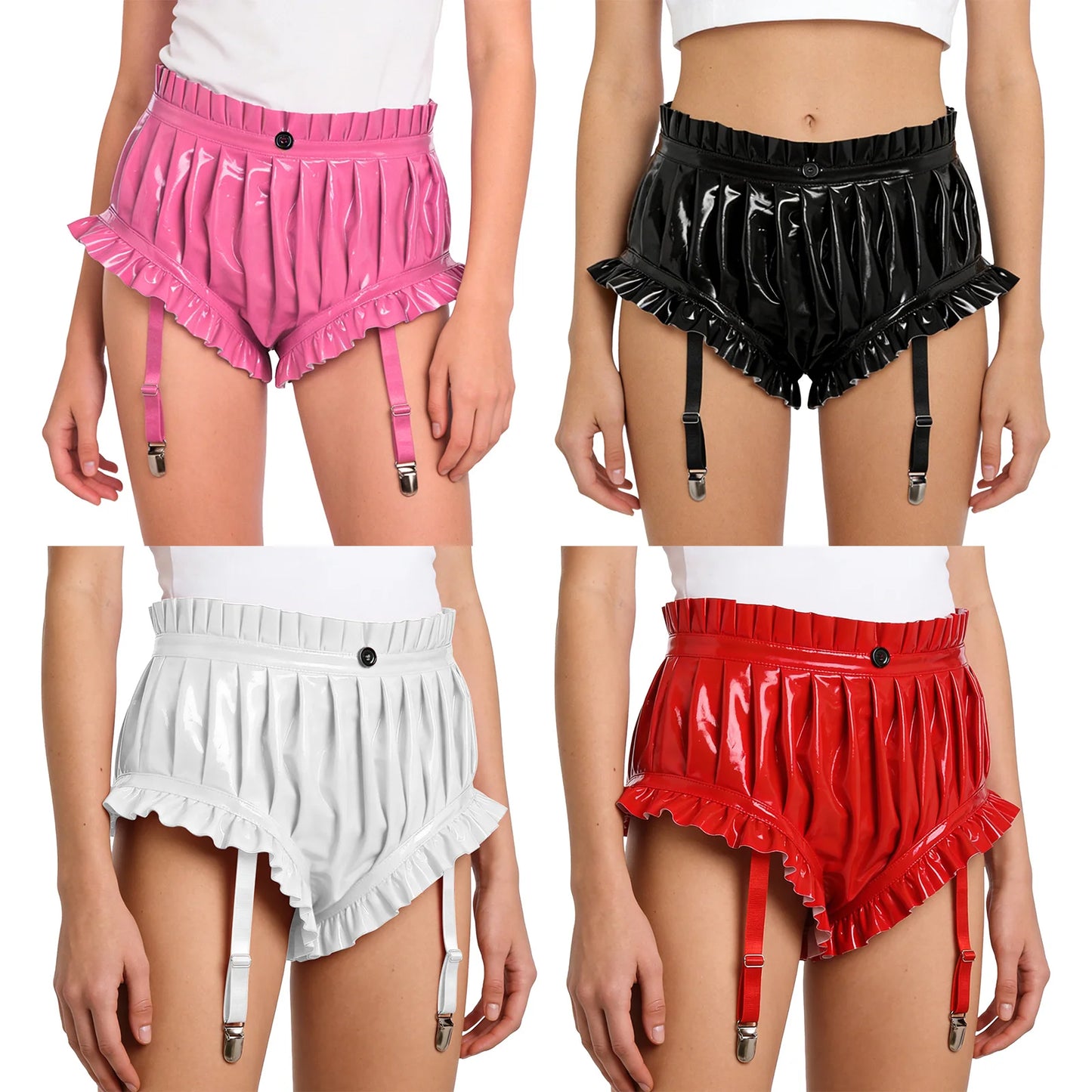 Womens Wet Look Lingerie Latex Shorts Patent Leather Ruffle Trim with Garter Clips Ruched Bloomer Shorts Glossy Rave Clubwear