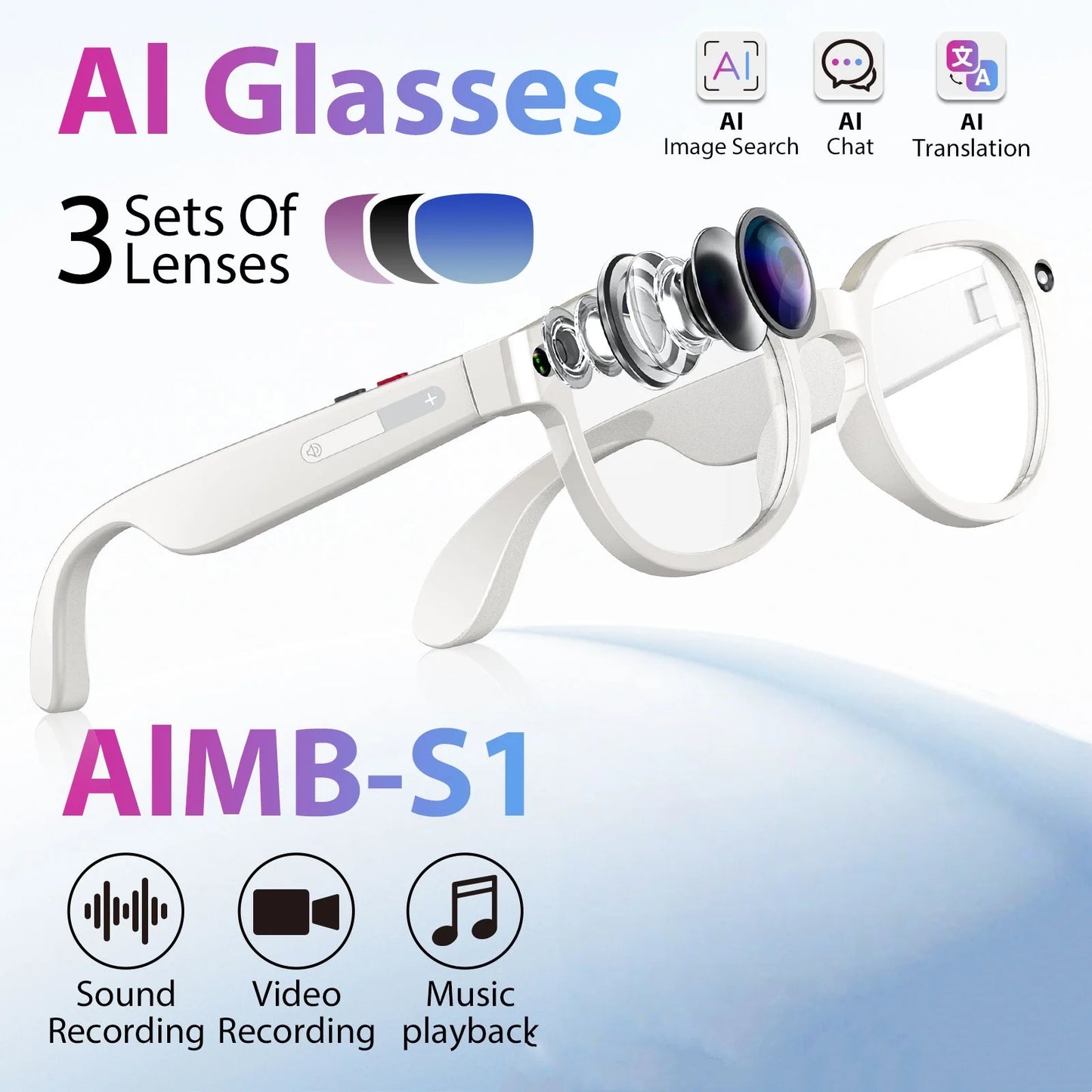 High appearance intelligent AI glasses, dual cameras, 2 million pixels, with three lenses, wireless smart glasses, hunting glasses, video glasses, AI shooting glasses, cycling glasses, sports camera, long battery life, high s