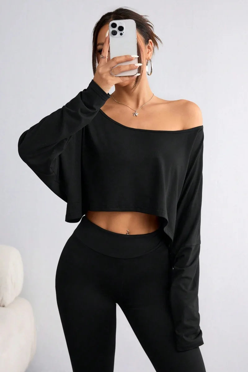 Spring 2026 Women's Loose Collar Base Fashion Crop T-Shirt Long Sleeve Casual Comfortable Line Neckline Solid Short Top