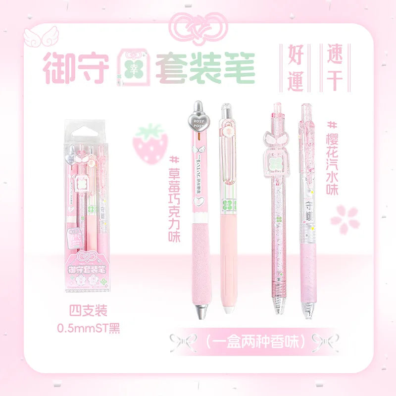 4pcs Good Luck Gel Pens Set Sweety Japanese Style 0.5mm Ballpoint Black Ink for Writing Student Back to School Kids Gift A3142