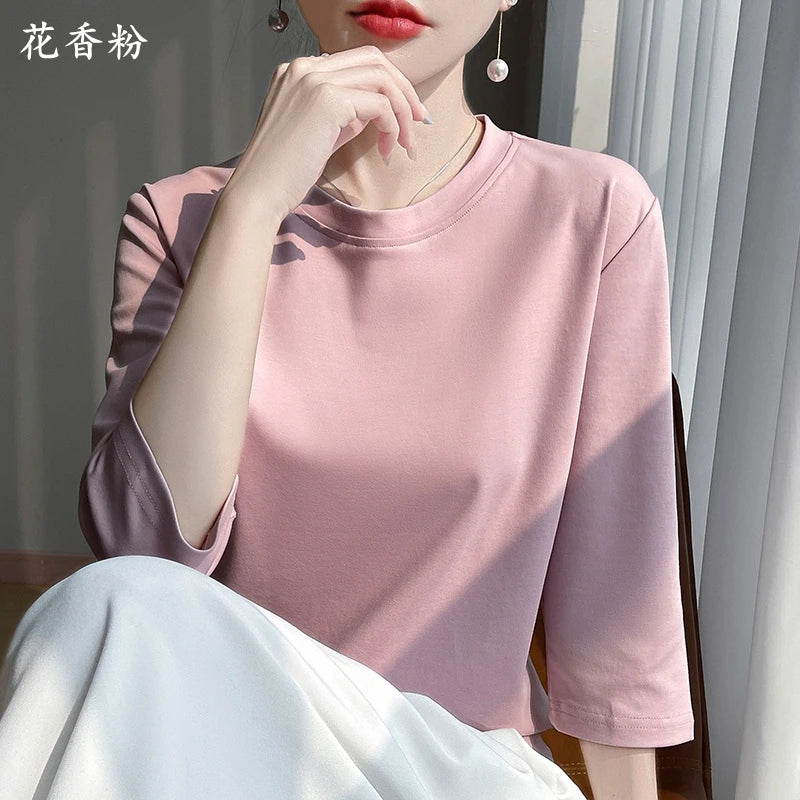 Women's Mercerized Cotton T-Shirt — Loose Round-Neck Half-Sleeve Top