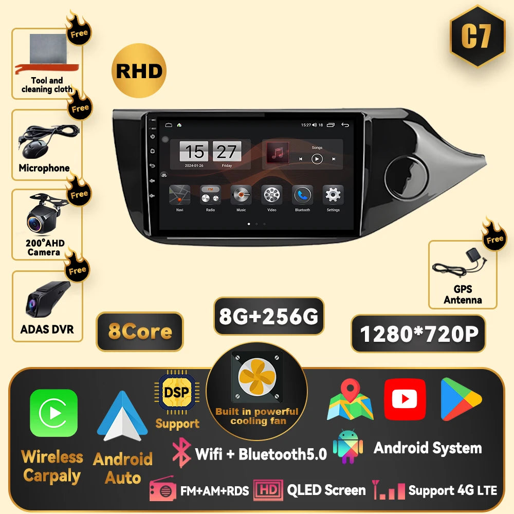 Android 15 Carplay For Kia CEED 2 JD 2012 - 2018 Car Radio Stereo Multimidia Player GPS Bluetooth DSP 2din Stereo QLED Screen