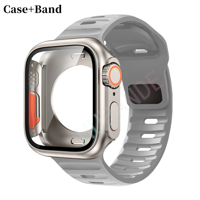 Silicone strap For Apple Watch 44mm 45mm 41mm 40mm Bracelet+Screen protectores Change to Ultra For iWatch Series 9 8 7 SE 6 5 3