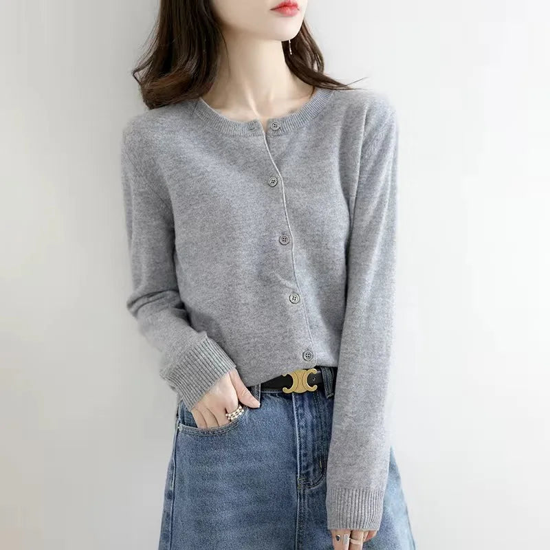 Women's Button-Up Knit Cardigan - Crew Neck Solid Sweater - photo 5