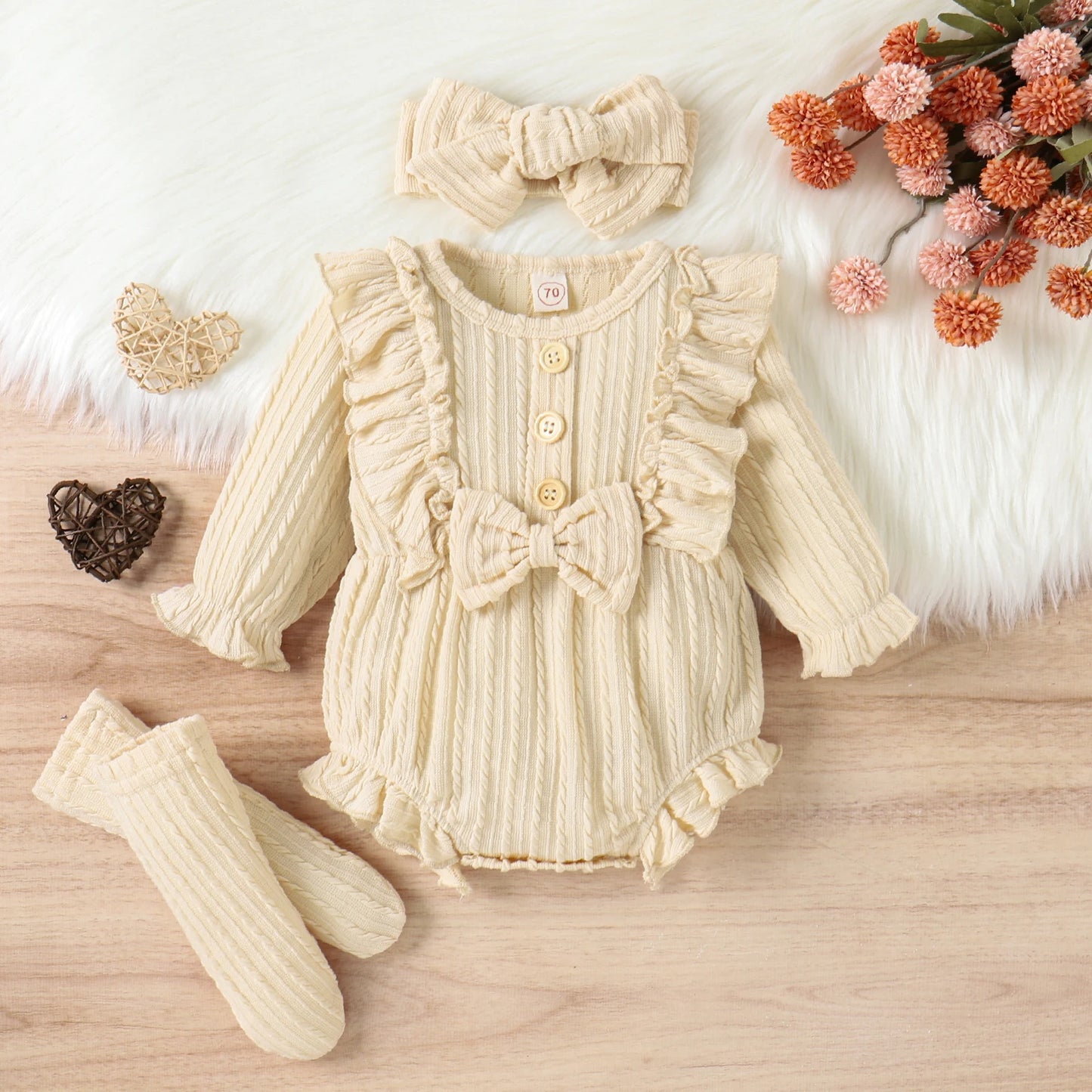 Infant Newborn Baby Girls 3Pcs Spring Autumn Outfits, Long Sleeve Button Front Ruffle Romper + Socks + Headband Set
