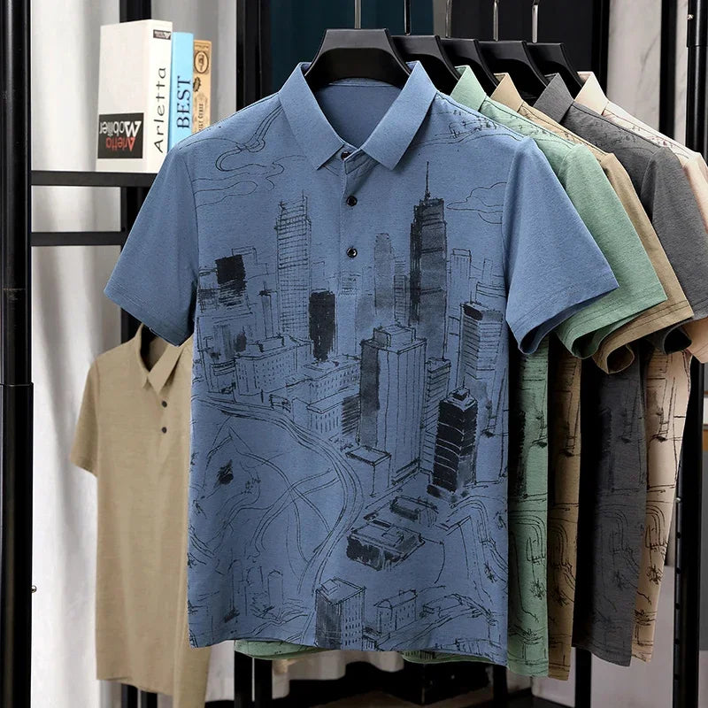 Men's Skyline-Print Polo - Thin Lightweight, Two-Button Lapel