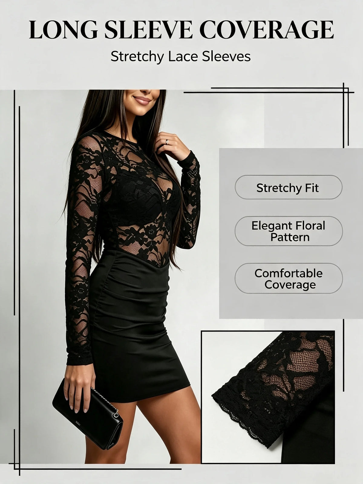Sexy Black Long Sleeve Sheer Lace Bodycon Dress - Crew Neck Waist Ruched Slim Fit Mini Gown, For Night Club Party Date Outfits
