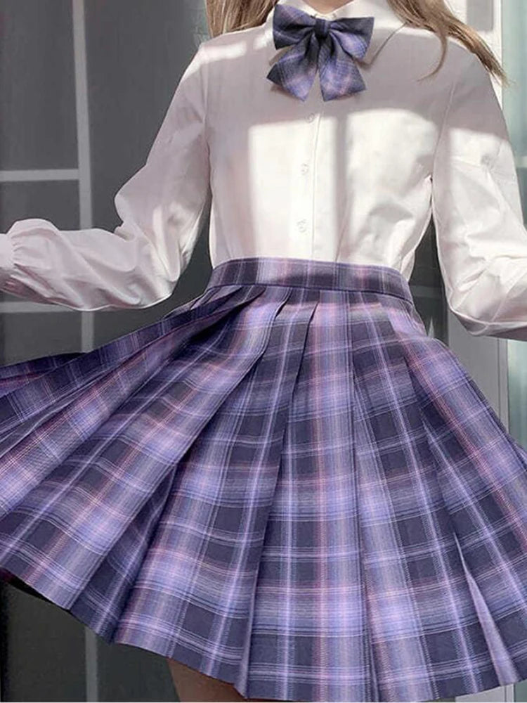ZOKI Plaid Pleated Mini Skirt – Bow Knot High Waist Preppy Style | Harajuku Aesthetic Women's A-Line Dance Skirt | S-XXL