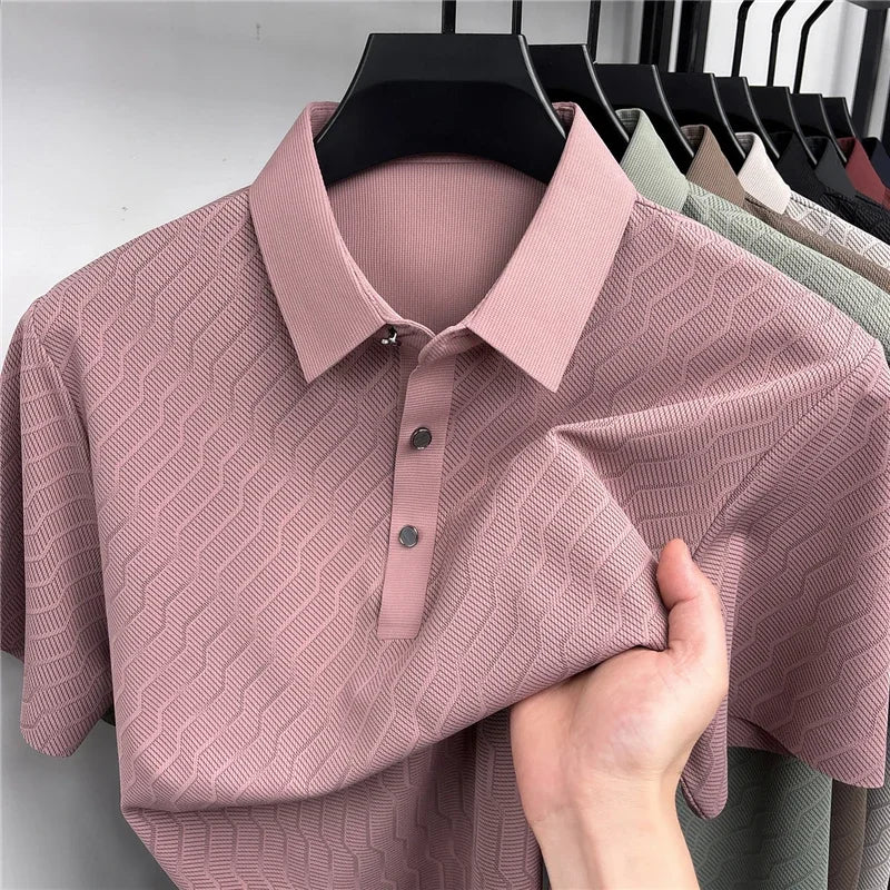 Men's Hollow-Mesh Polo - Wave Pattern, Slim Elastic Business Fit