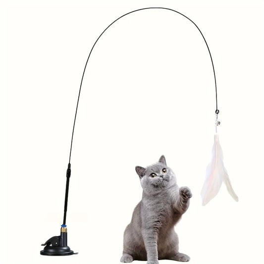 Cat Teaser Wand with Bell & Feather - Suction Cup Play Pole