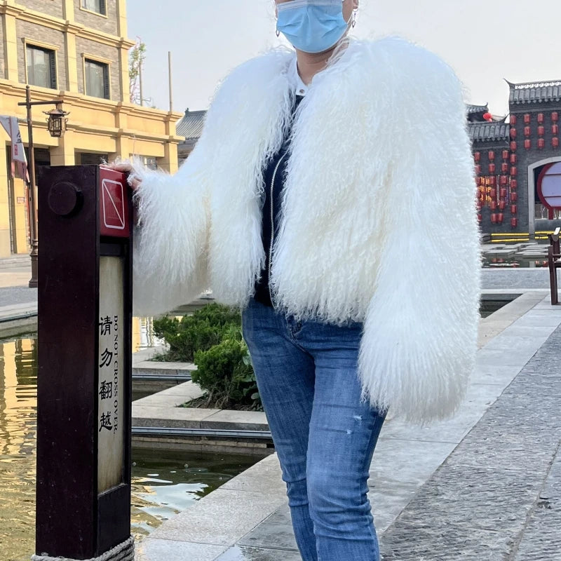 Women's Mongolian Sheep Fur Jacket, Round Neck