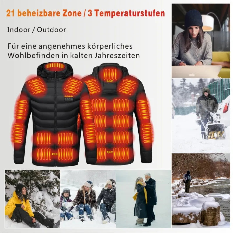 Men's Heated Hooded Winter Jacket, 21 Heating Zones