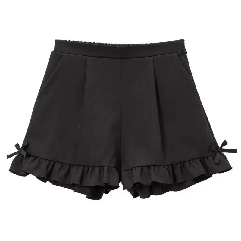 Japanese Gothic Y2k Lolita Shorts Women's Sweet Ruffles Bow High Waist Short Pants Cute Girls Harajuku Casual Loose Black Shorts
