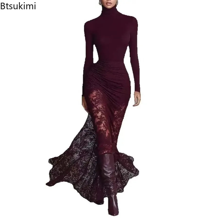New Women's Turtleneck Long Sleeve Slim Lace Patchwork Dress Ruched Mermaid Elegant Long Sleeve Evening Gown Maxi Dresses Female