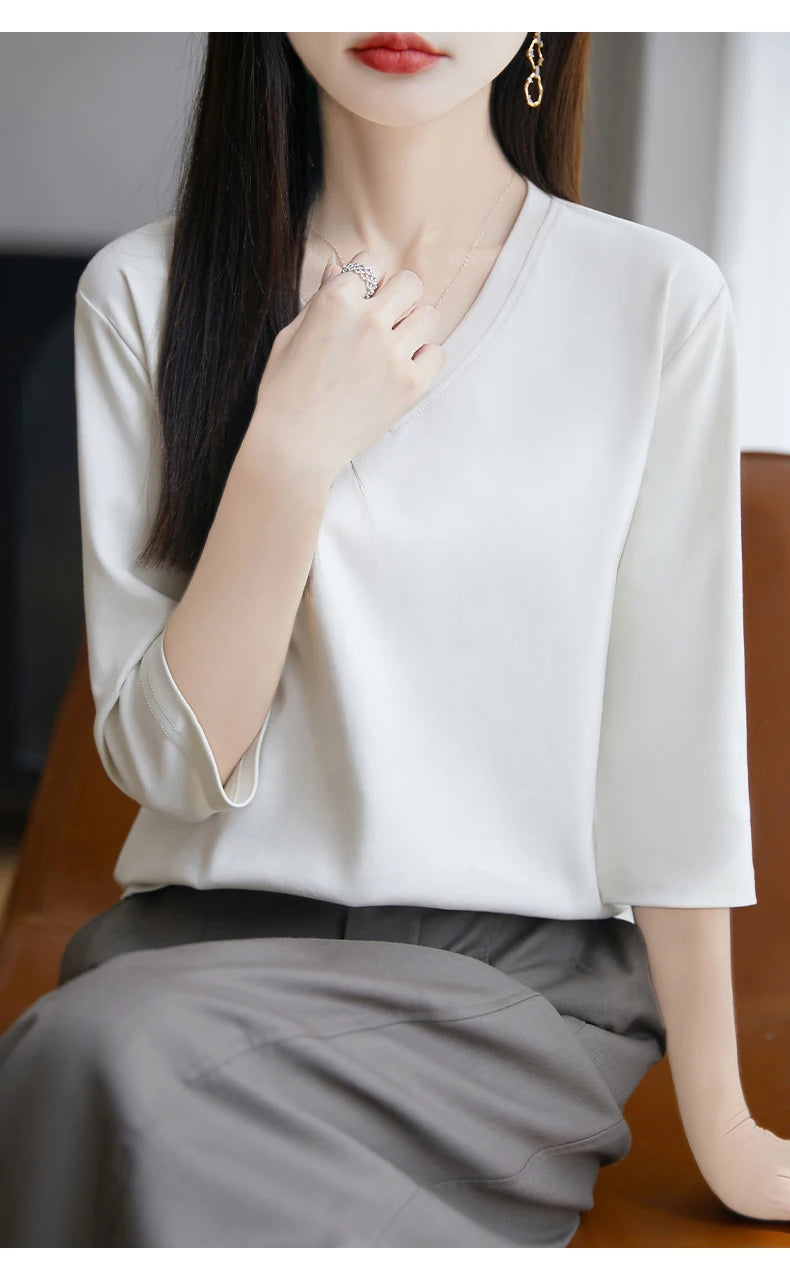 Spring And Summer New Cotton V-neck T-shirt Short-Sleeved Women's Half-Sleeve Bottoming Shirt High-End Cropped Sleeve Top