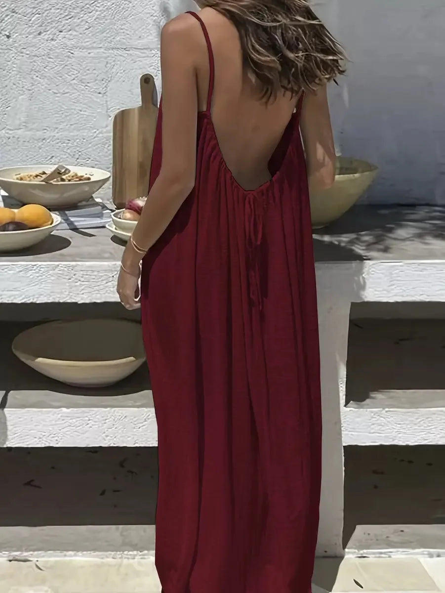 Casual Solid Loose Dress For Women Sexy Sleeveless Spaghetti Strap Backless Lace-up Robe Femme Holiday Beach Party Clothes New