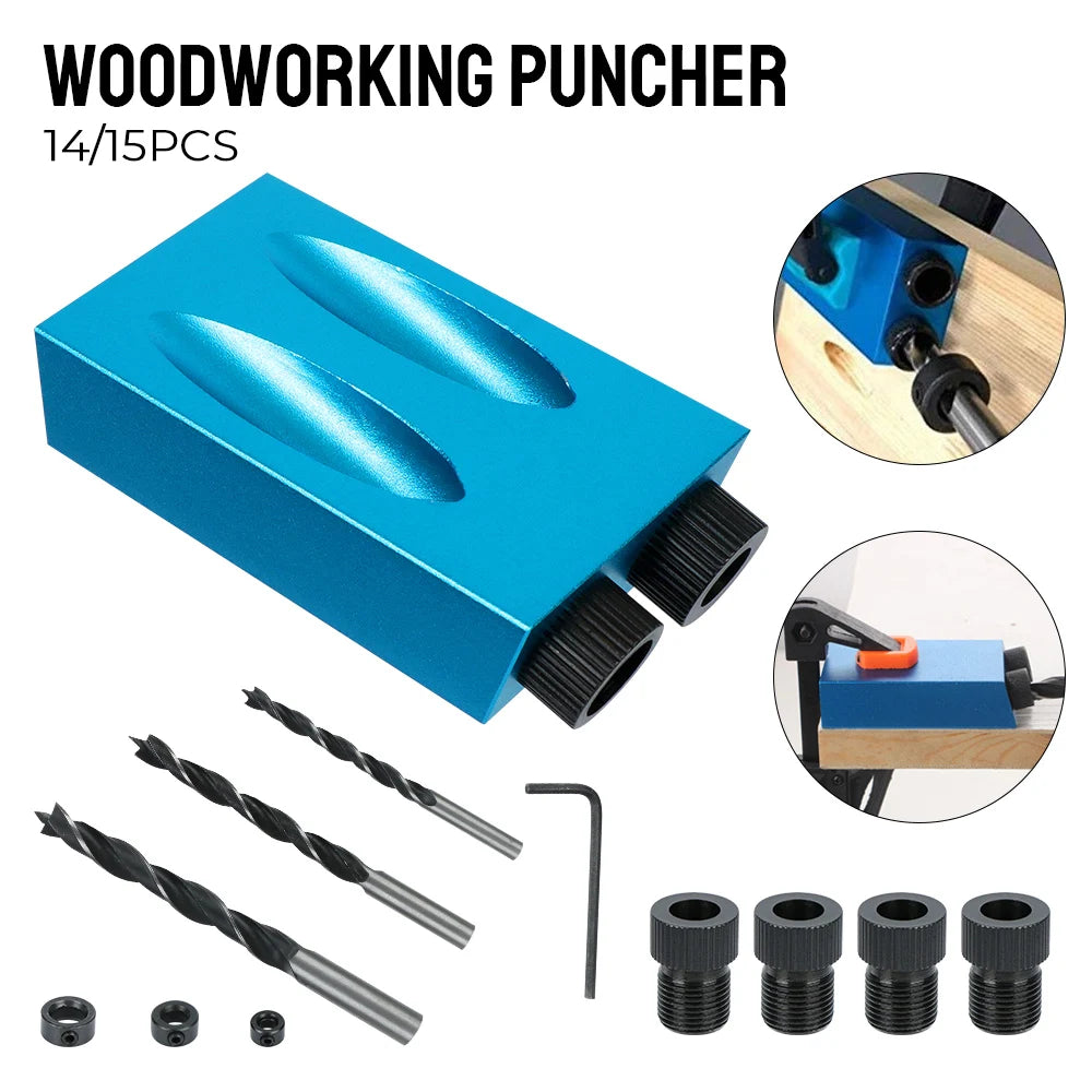 15 Pc Pocket Hole Jig Kit with Drill Bit, 15° Woodworking Guide