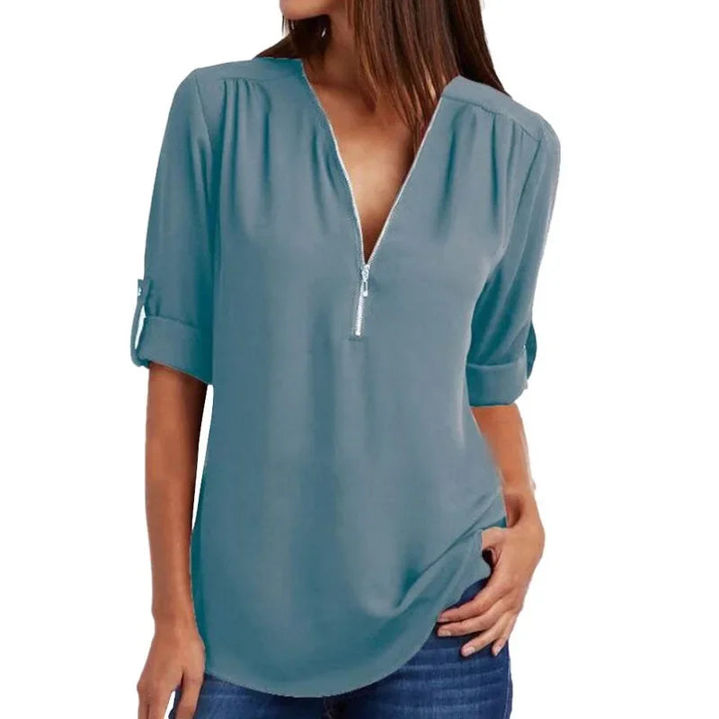 Customizable Women Blouse Zipped Rolled Sleeve Blouse Tailor-made T-Shirts CS6611