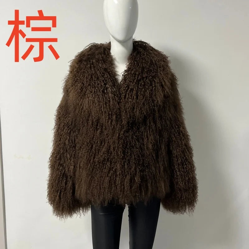 Women's Mongolian Sheep Fur Coat, Turn-Down Collar