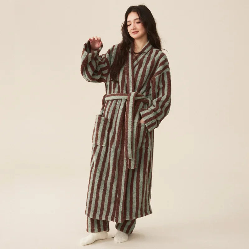Striped Flannel Robe and Pants Set for Women and Men
