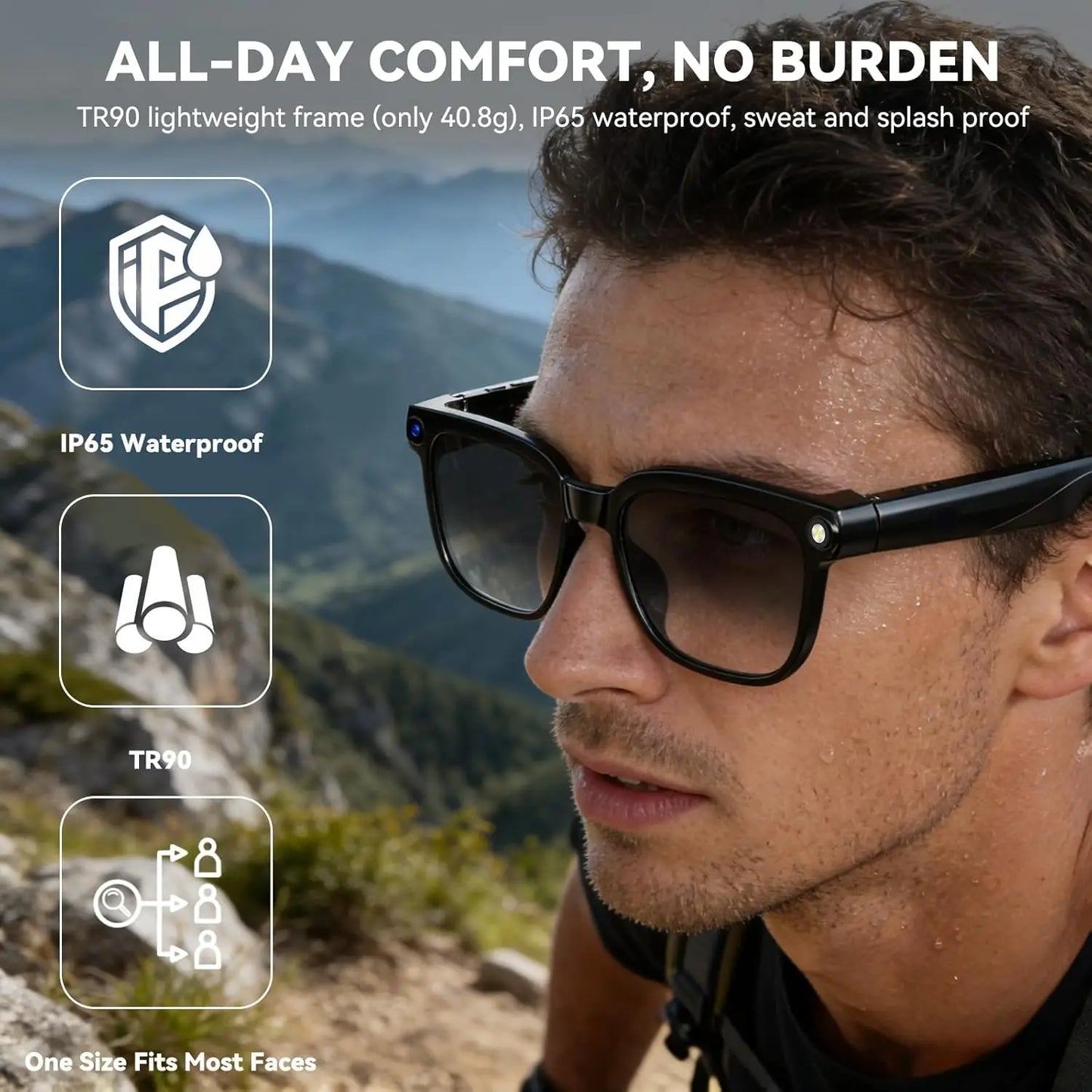 AI smart glasses with cameras, 8-megapixel camera glasses, 1080P stabilized video recording glasses, real-time translation, AI voice assistant, object recognition, men's and women's Bluetooth sunglasses (color-changing), life